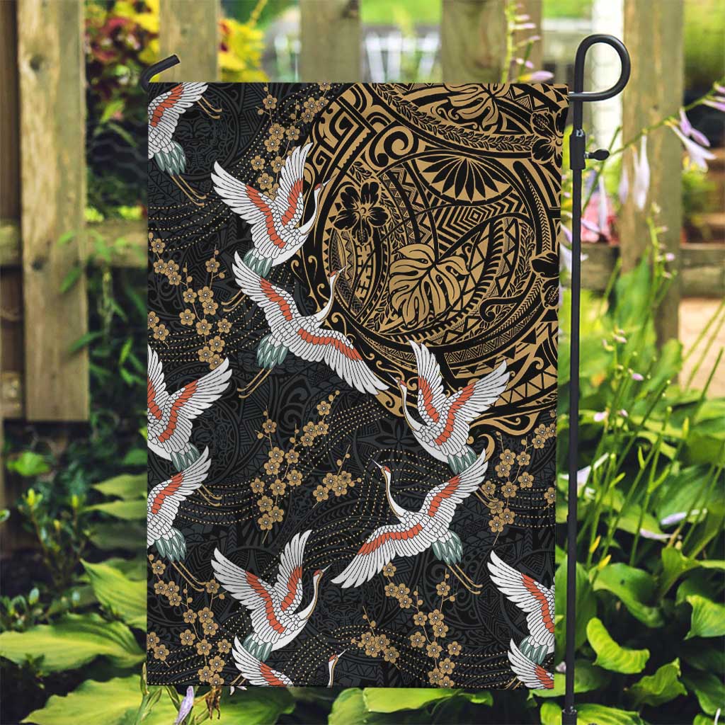 Hawaii and Japanese Together Garden Flag Cranes Birds with Kakau Pattern LT03 Garden Flag Black - Polynesian Pride