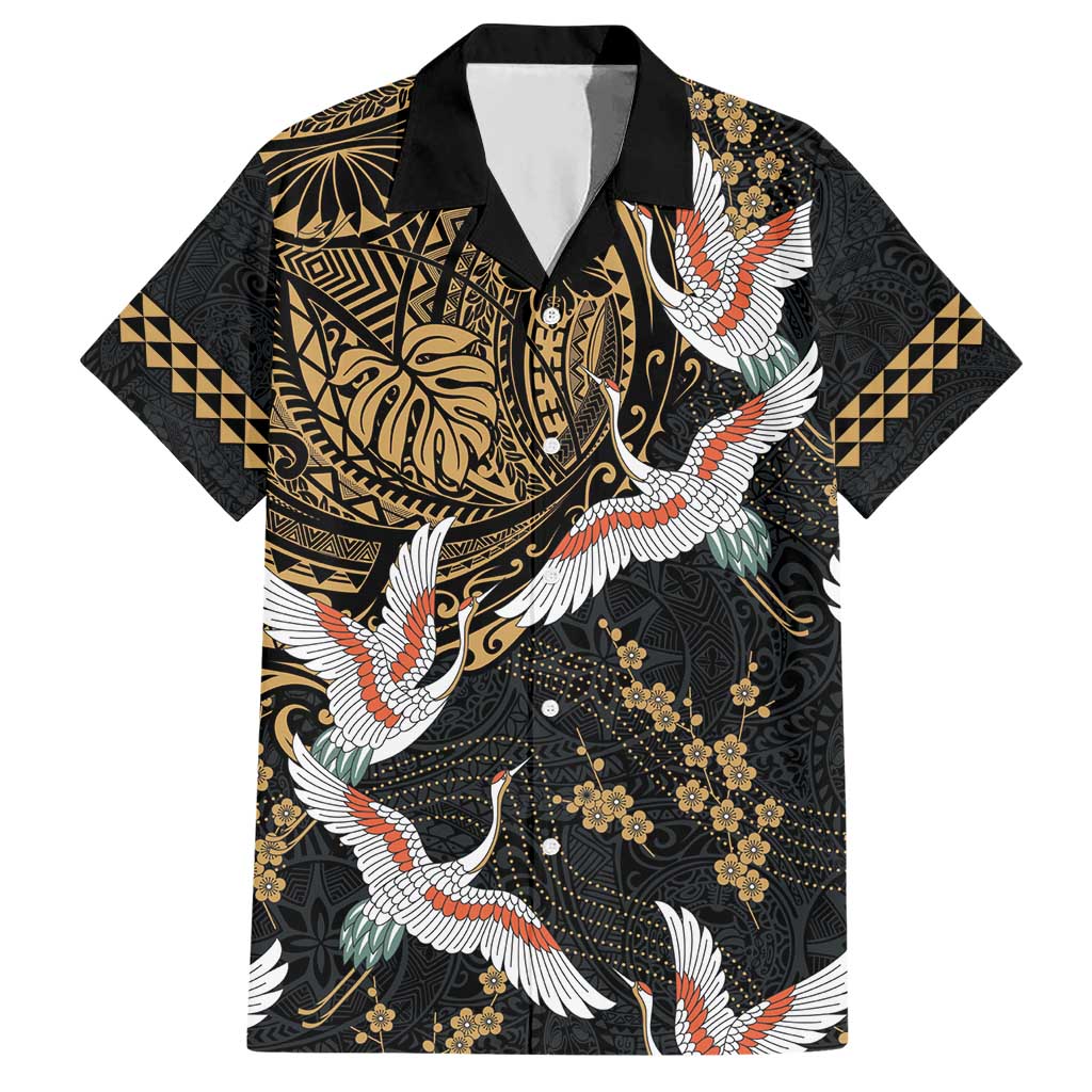 Hawaii and Japanese Together Hawaiian Shirt Cranes Birds with Kakau Pattern LT03 Black - Polynesian Pride