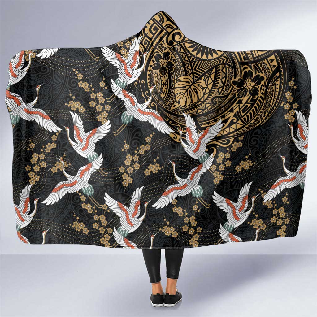 Hawaii and Japanese Together Hooded Blanket Cranes Birds with Kakau Pattern
