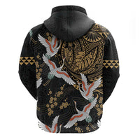 Hawaii and Japanese Together Hoodie Cranes Birds with Kakau Pattern LT03 - Polynesian Pride