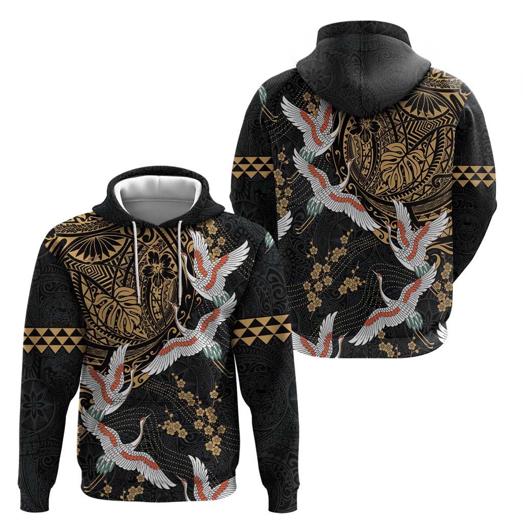 Hawaii and Japanese Together Hoodie Cranes Birds with Kakau Pattern LT03 - Polynesian Pride