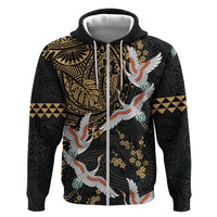 Hawaii and Japanese Together Hoodie Cranes Birds with Kakau Pattern LT03 Zip Hoodie Black - Polynesian Pride