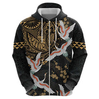 Hawaii and Japanese Together Hoodie Cranes Birds with Kakau Pattern LT03 - Polynesian Pride