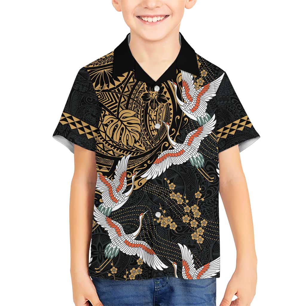 Hawaii and Japanese Together Kid Hawaiian Shirt Cranes Birds with Kakau Pattern LT03 Kid Black - Polynesian Pride