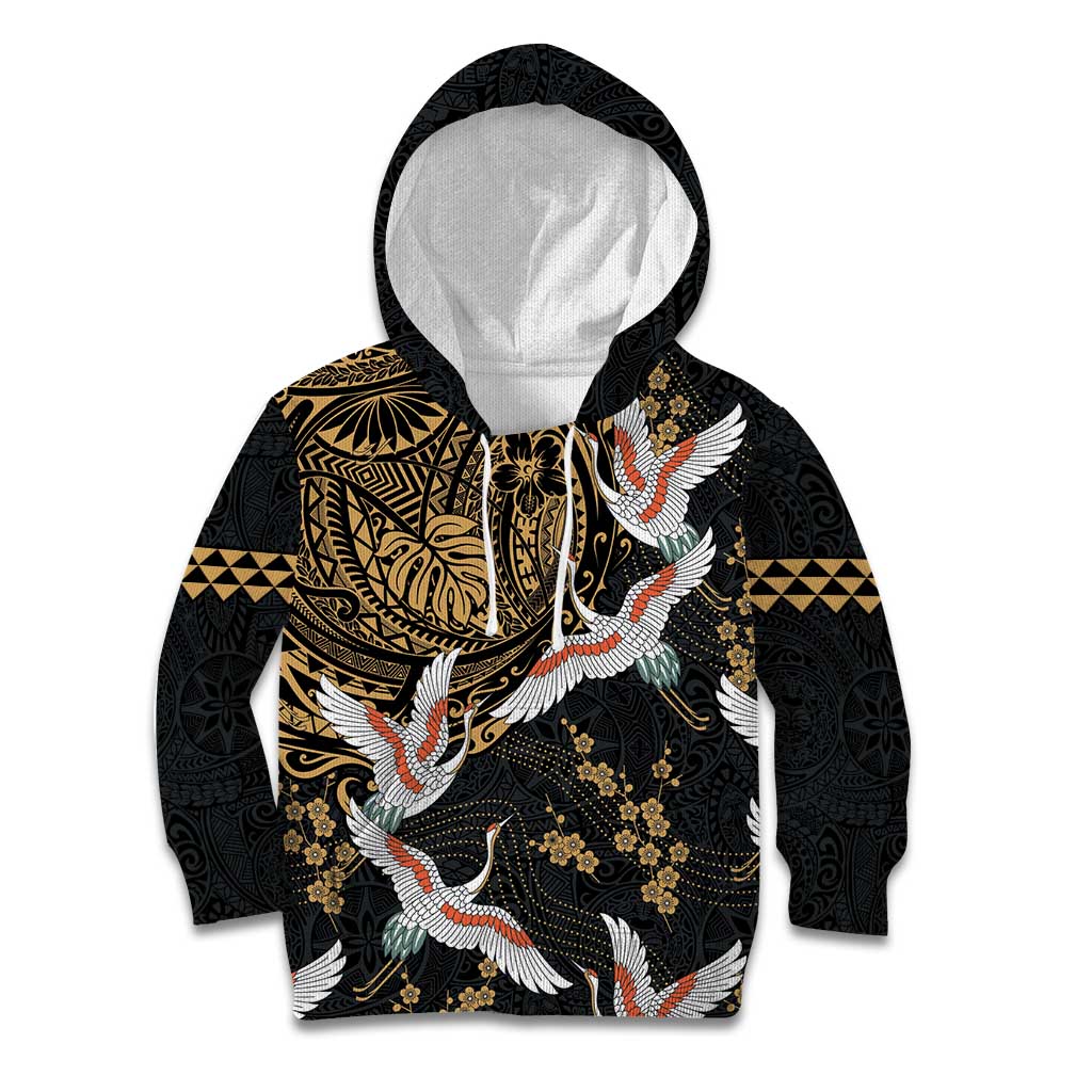 Hawaii and Japanese Together Kid Hoodie Cranes Birds with Kakau Pattern