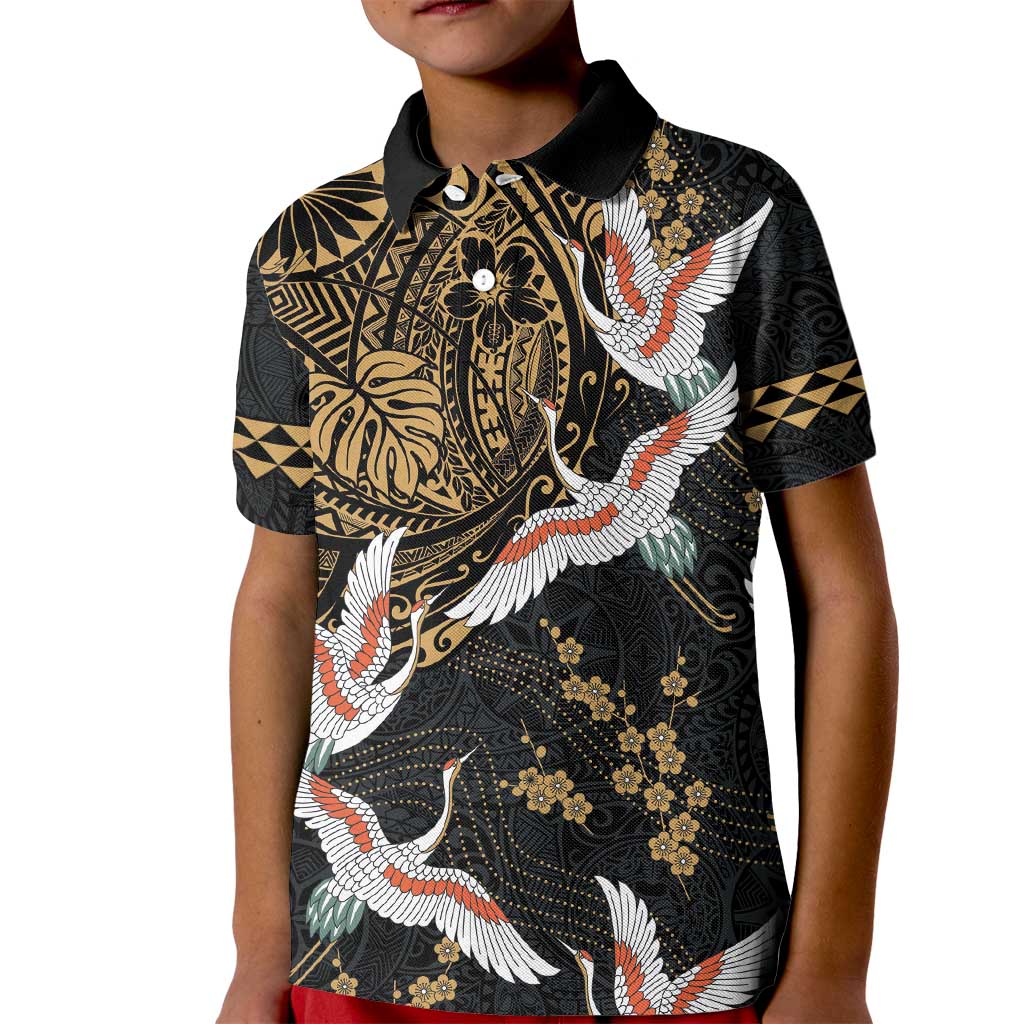 Hawaii and Japanese Together Kid Polo Shirt Cranes Birds with Kakau Pattern LT03 Kid Black - Polynesian Pride