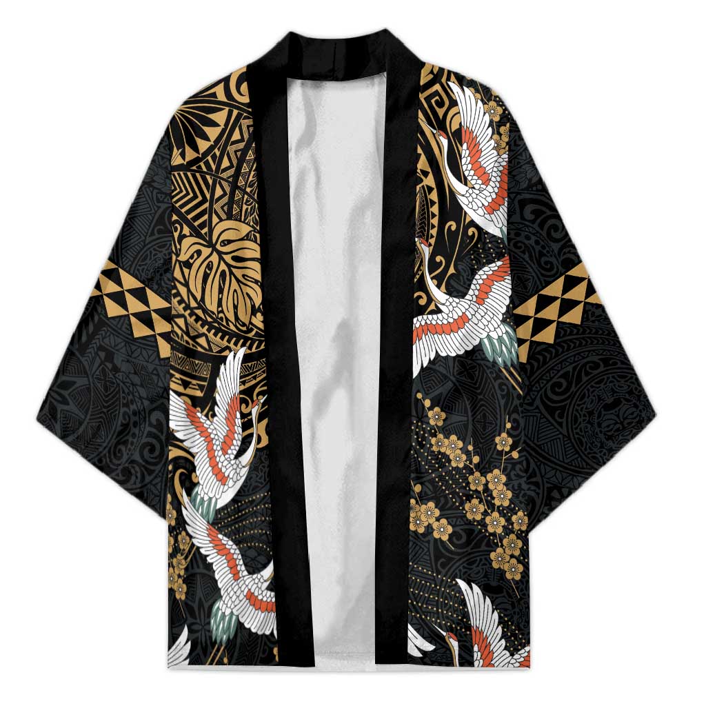 Hawaii and Japanese Together Kimono Cranes Birds with Kakau Pattern LT03 Unisex Black - Polynesian Pride