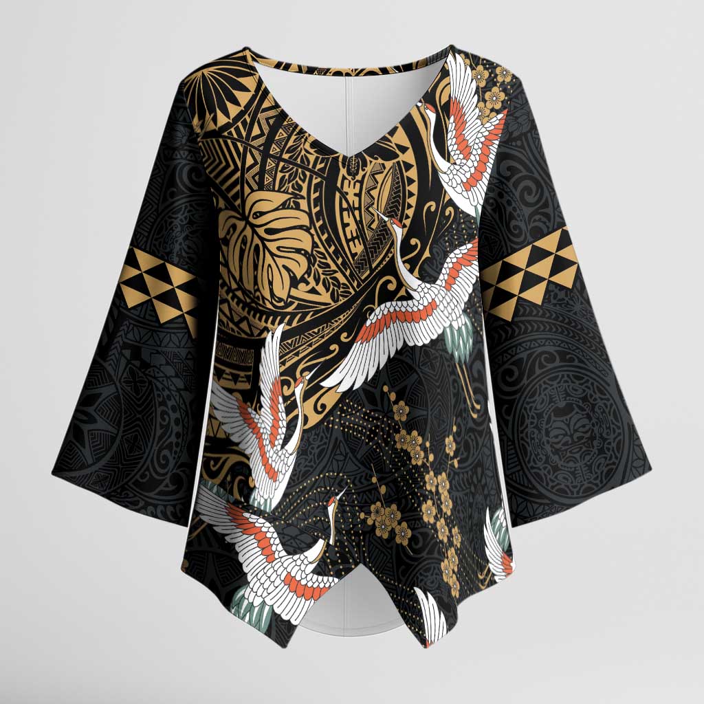 Hawaii and Japanese Together Kimono Sleeve Blouse Cranes Birds with Kakau Pattern LT03 Female Black - Polynesian Pride