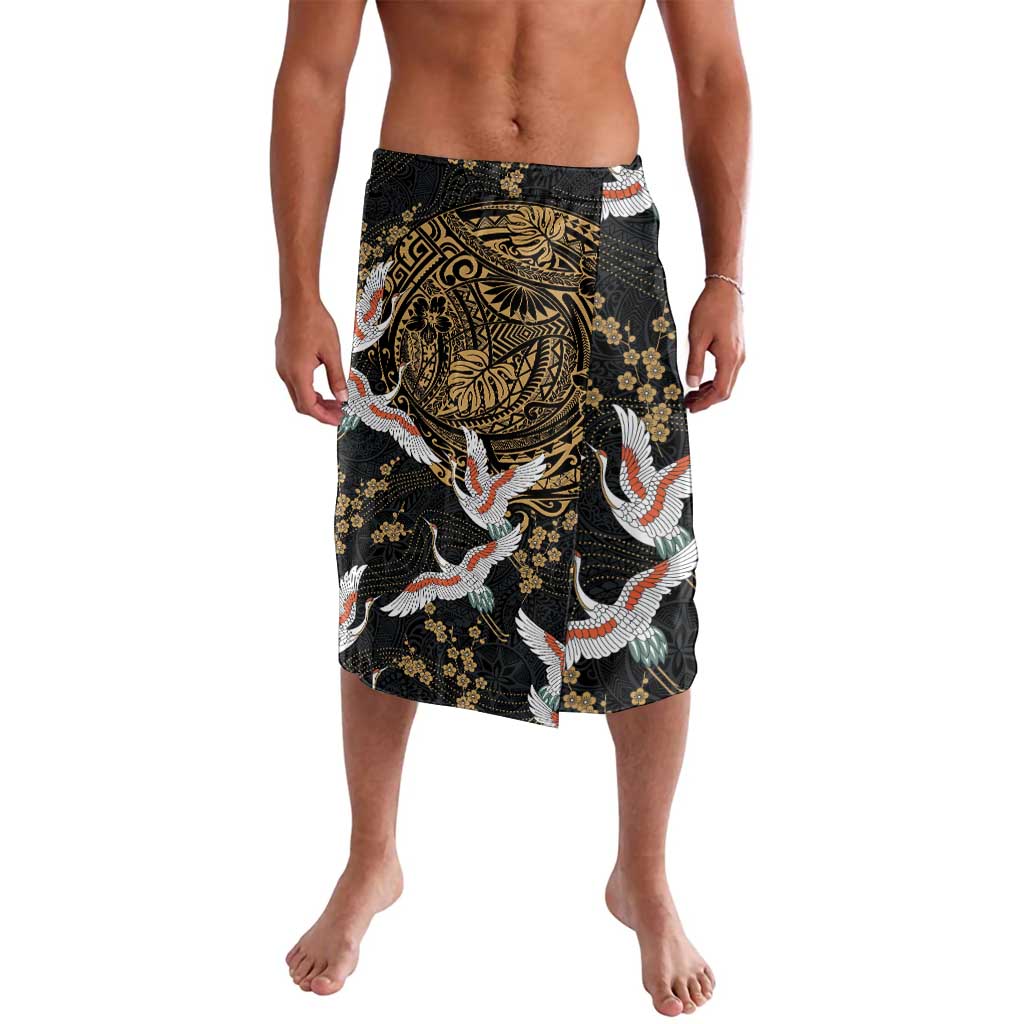 Hawaii and Japanese Together Lavalava Cranes Birds with Kakau Pattern LT03 Black - Polynesian Pride
