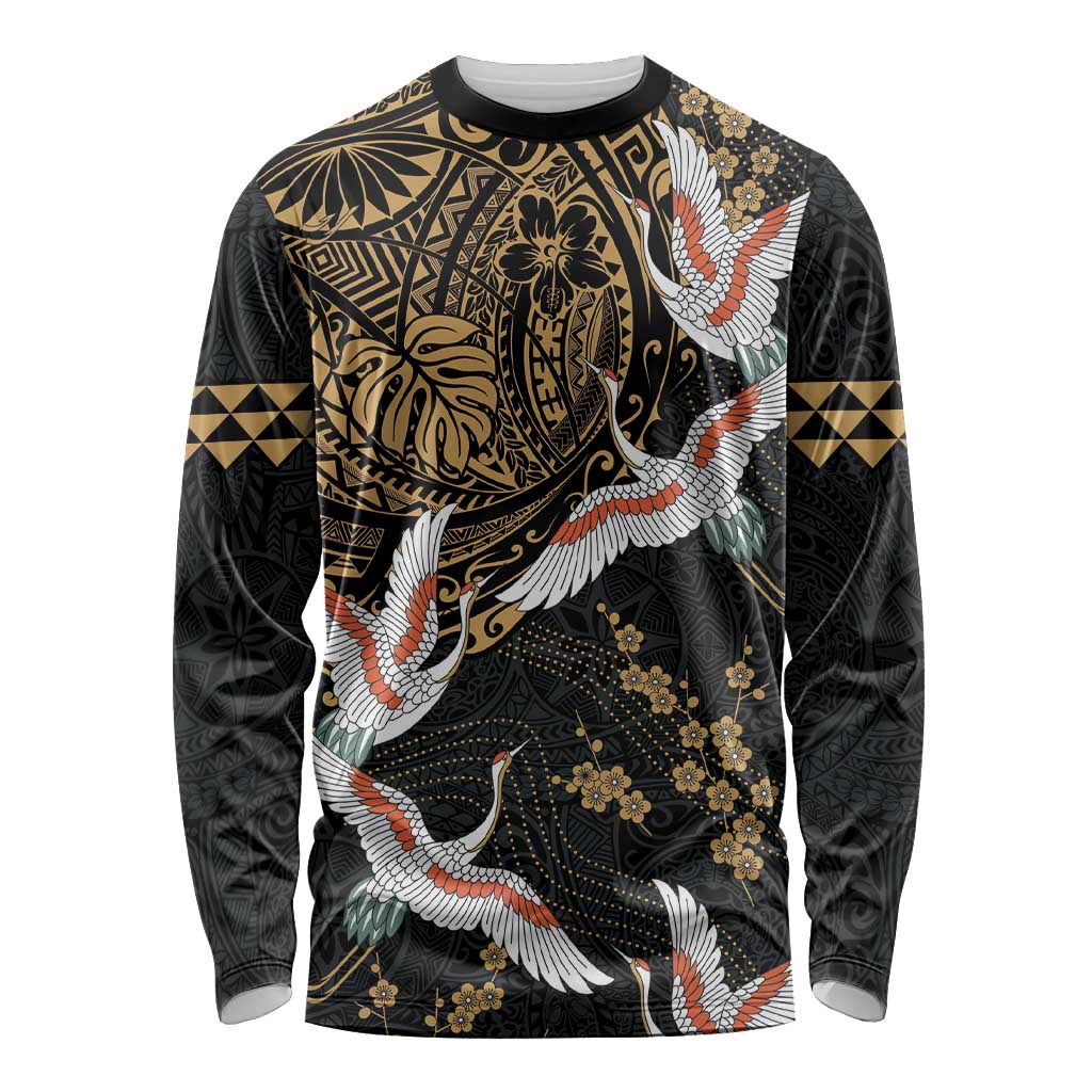 Hawaii and Japanese Together Long Sleeve Shirt Cranes Birds with Kakau Pattern LT03 Unisex Black - Polynesian Pride