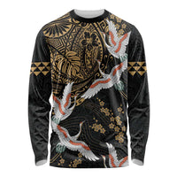 Hawaii and Japanese Together Long Sleeve Shirt Cranes Birds with Kakau Pattern LT03 Unisex Black - Polynesian Pride
