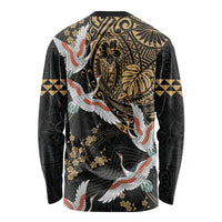Hawaii and Japanese Together Long Sleeve Shirt Cranes Birds with Kakau Pattern LT03 - Polynesian Pride