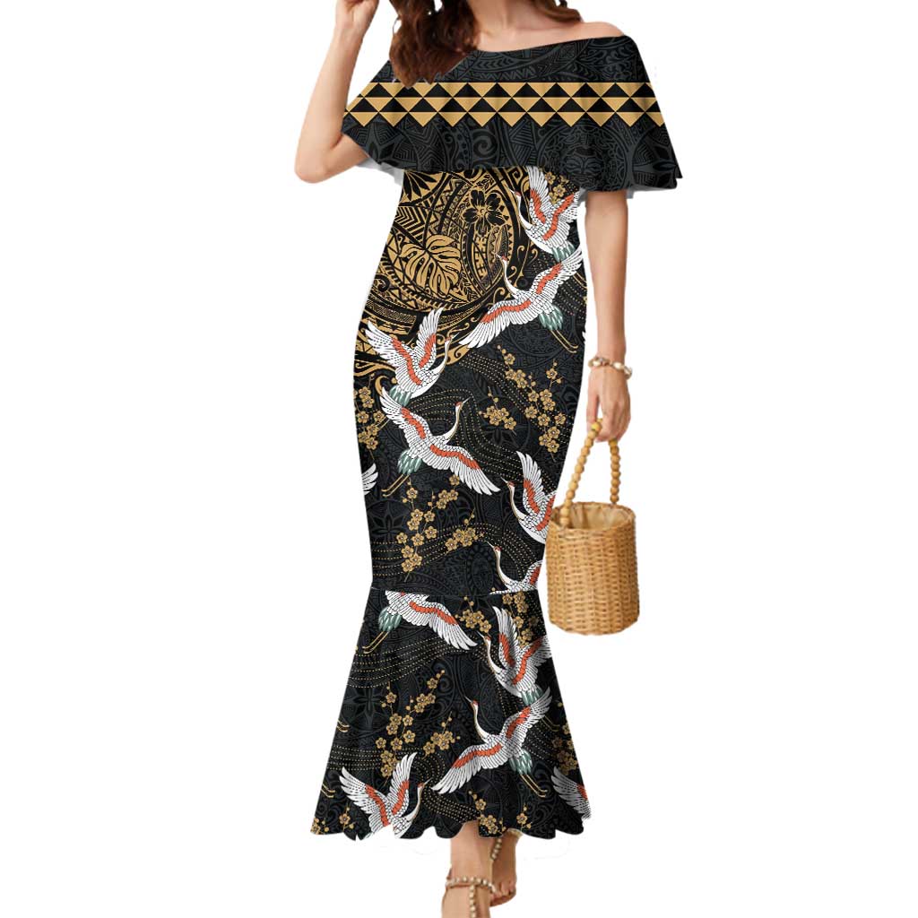 Hawaii and Japanese Together Mermaid Dress Cranes Birds with Kakau Pattern LT03 Women Black - Polynesian Pride