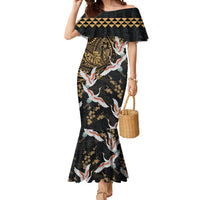 Hawaii and Japanese Together Mermaid Dress Cranes Birds with Kakau Pattern LT03 Women Black - Polynesian Pride