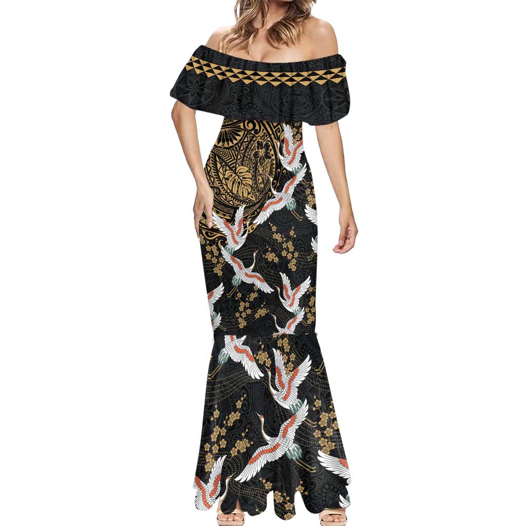 Hawaii and Japanese Together Mermaid Dress Cranes Birds with Kakau Pattern LT03 - Polynesian Pride