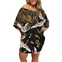 Hawaii and Japanese Together Off Shoulder Short Dress Cranes Birds with Kakau Pattern LT03 Women Black - Polynesian Pride