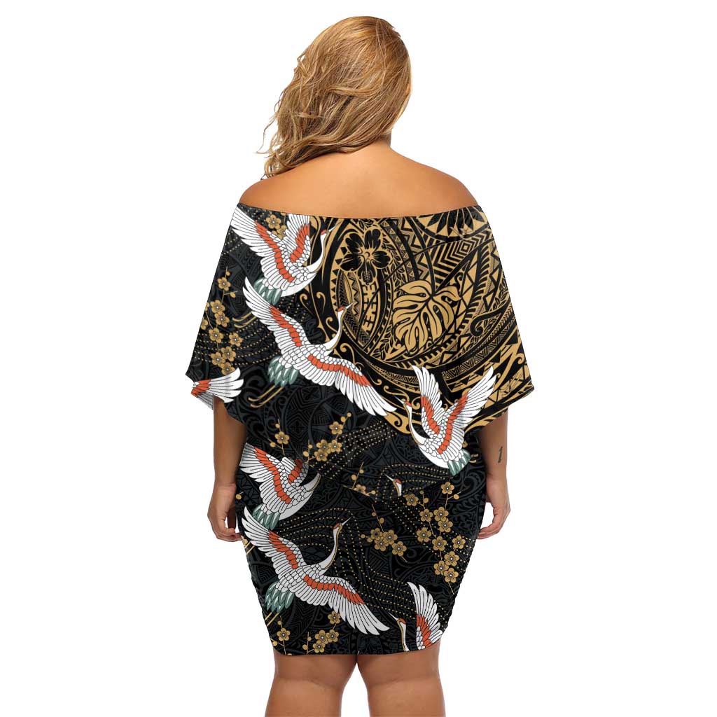 Hawaii and Japanese Together Off Shoulder Short Dress Cranes Birds with Kakau Pattern LT03 - Polynesian Pride