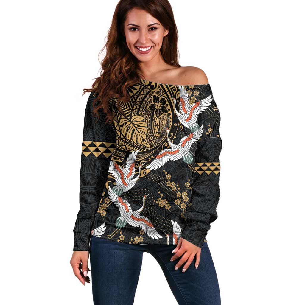 Hawaii and Japanese Together Off Shoulder Sweater Cranes Birds with Kakau Pattern LT03 Women Black - Polynesian Pride