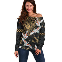 Hawaii and Japanese Together Off Shoulder Sweater Cranes Birds with Kakau Pattern LT03 Women Black - Polynesian Pride