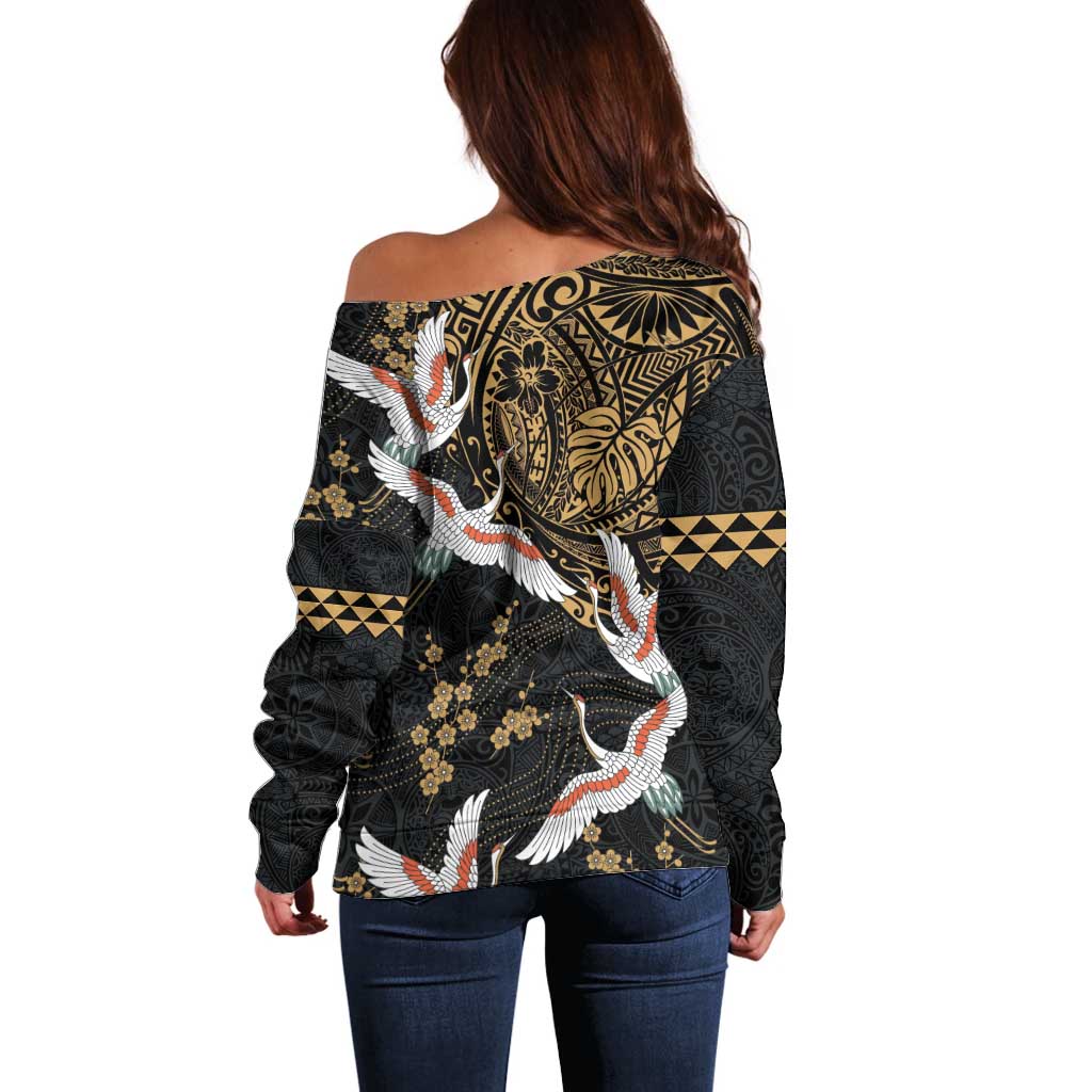 Hawaii and Japanese Together Off Shoulder Sweater Cranes Birds with Kakau Pattern LT03 - Polynesian Pride
