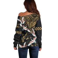 Hawaii and Japanese Together Off Shoulder Sweater Cranes Birds with Kakau Pattern LT03 - Polynesian Pride