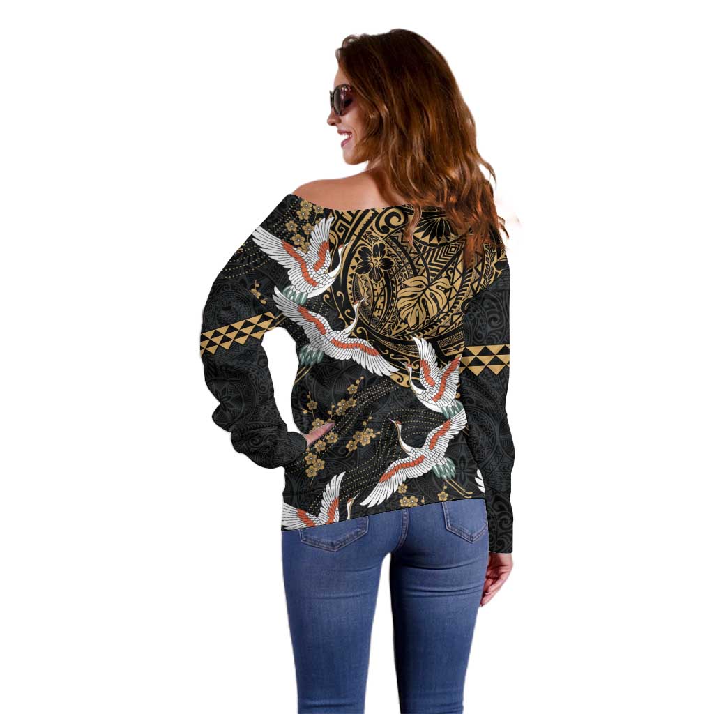 Hawaii and Japanese Together Off Shoulder Sweater Cranes Birds with Kakau Pattern LT03 - Polynesian Pride