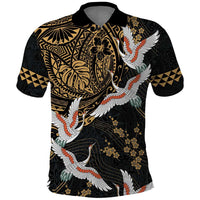 Hawaii and Japanese Together Polo Shirt Cranes Birds with Kakau Pattern LT03 Black - Polynesian Pride