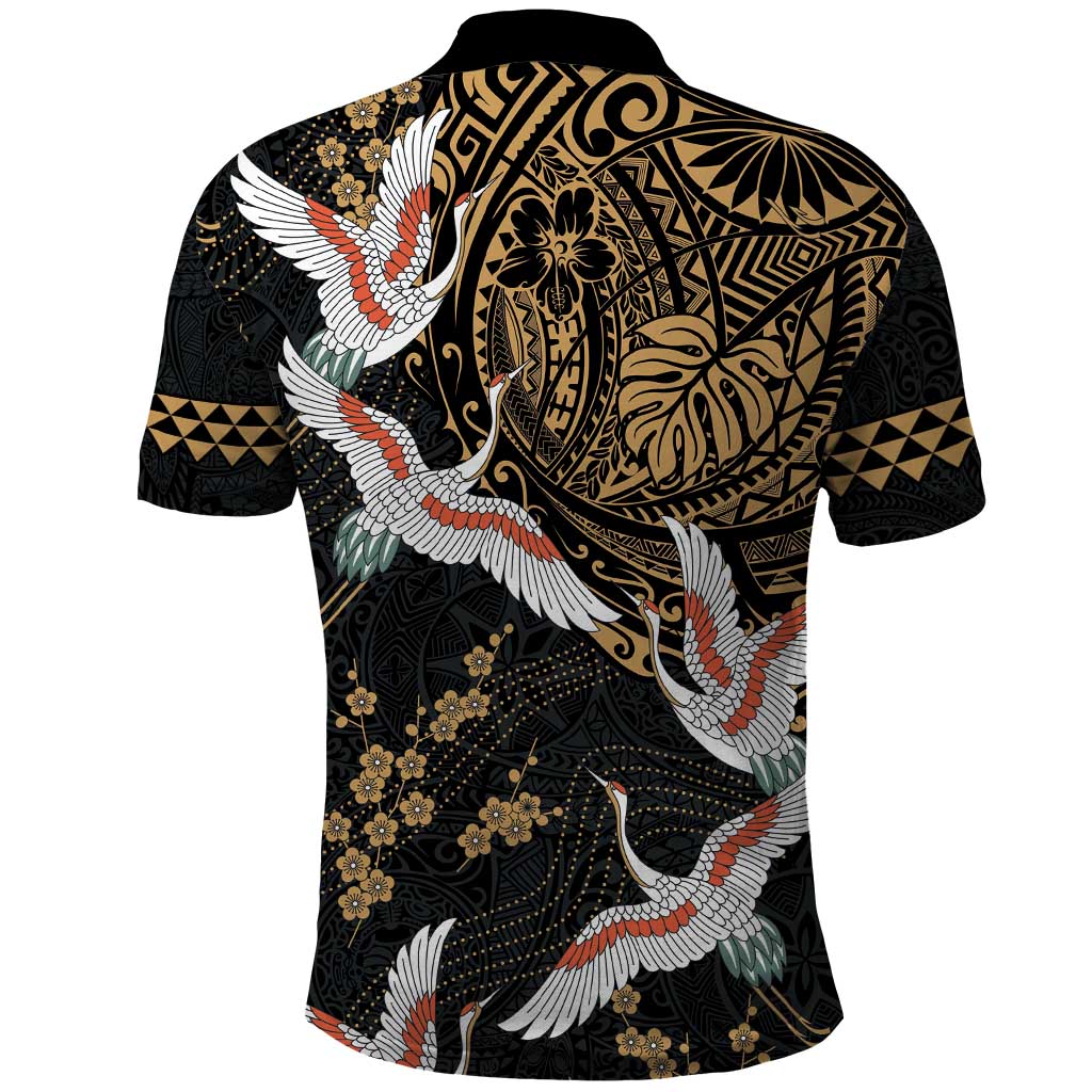 Hawaii and Japanese Together Polo Shirt Cranes Birds with Kakau Pattern LT03 - Polynesian Pride