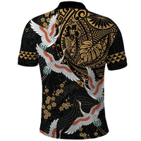 Hawaii and Japanese Together Polo Shirt Cranes Birds with Kakau Pattern LT03 - Polynesian Pride