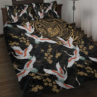 Hawaii and Japanese Together Quilt Bed Set Cranes Birds with Kakau Pattern LT03 Black - Polynesian Pride