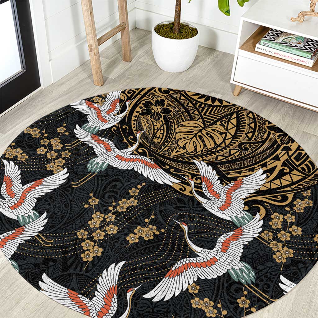 Hawaii and Japanese Together Round Carpet Cranes Birds with Kakau Pattern LT03 Black - Polynesian Pride