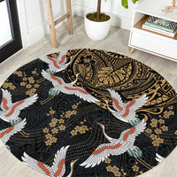 Hawaii and Japanese Together Round Carpet Cranes Birds with Kakau Pattern LT03 Black - Polynesian Pride