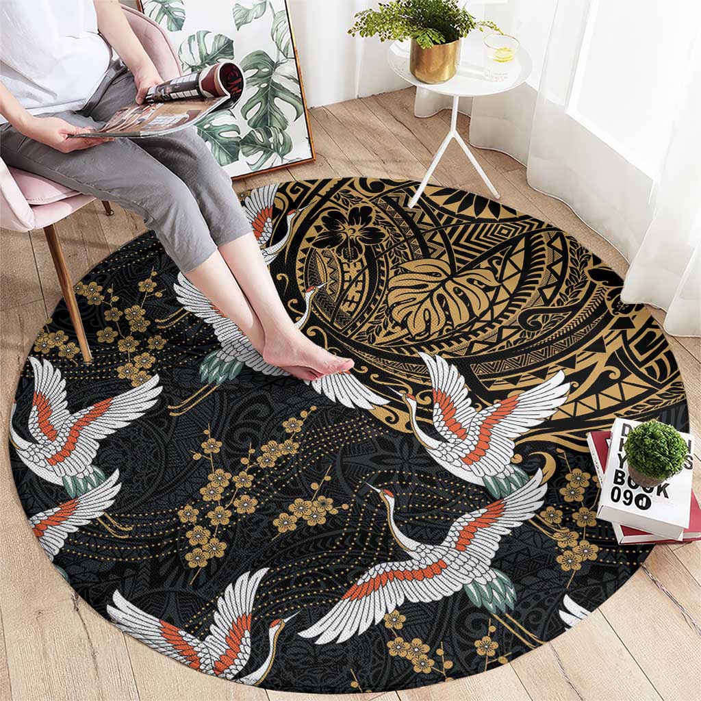 Hawaii and Japanese Together Round Carpet Cranes Birds with Kakau Pattern LT03 - Polynesian Pride