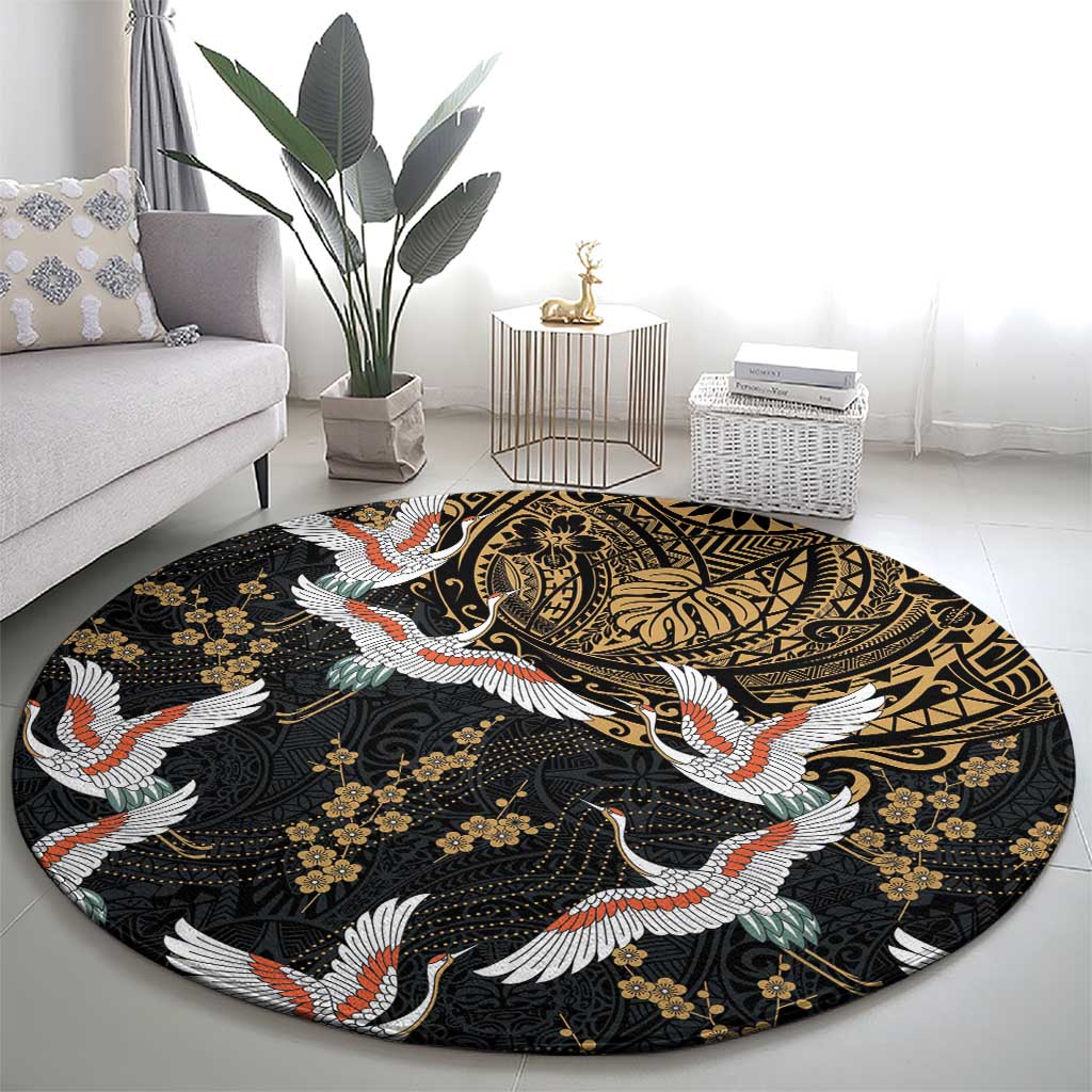 Hawaii and Japanese Together Round Carpet Cranes Birds with Kakau Pattern LT03 - Polynesian Pride