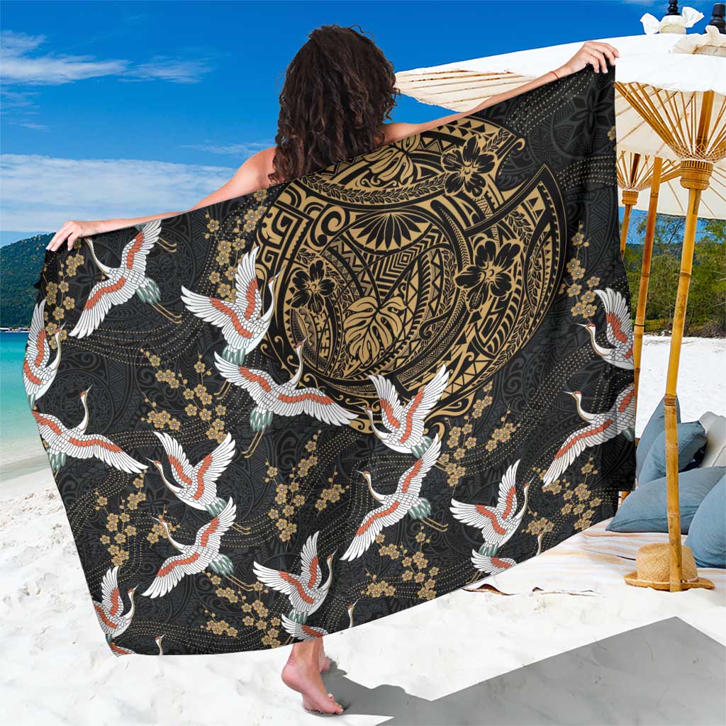 Hawaii and Japanese Together Sarong Cranes Birds with Kakau Pattern LT03 One Size 44 x 66 inches Black - Polynesian Pride