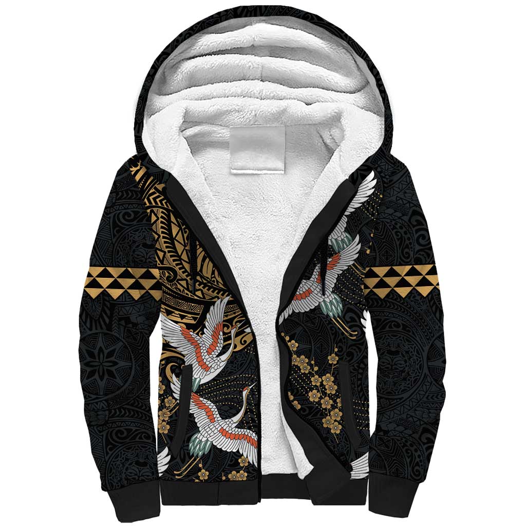 Hawaii and Japanese Together Sherpa Hoodie Cranes Birds with Kakau Pattern LT03 Unisex Black - Polynesian Pride