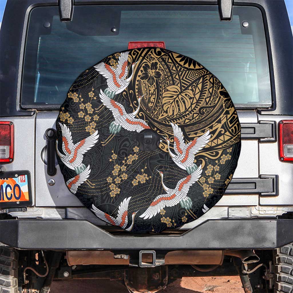 Hawaii and Japanese Together Spare Tire Cover Cranes Birds with Kakau Pattern LT03 Black - Polynesian Pride