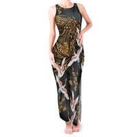 Hawaii and Japanese Together Tank Maxi Dress Cranes Birds with Kakau Pattern LT03 Women Black - Polynesian Pride