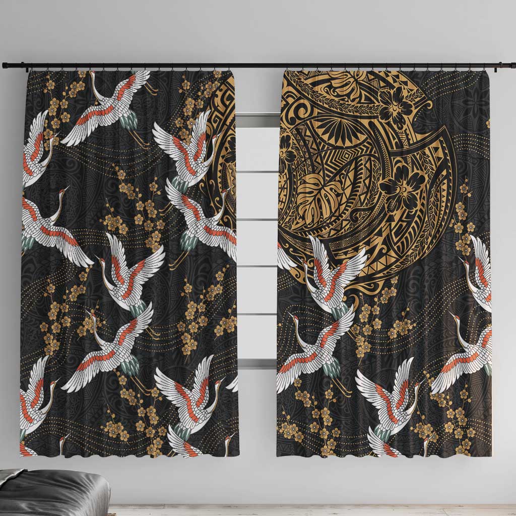 Hawaii and Japanese Together Window Curtain Cranes Birds with Kakau Pattern LT03 With Hooks Black - Polynesian Pride