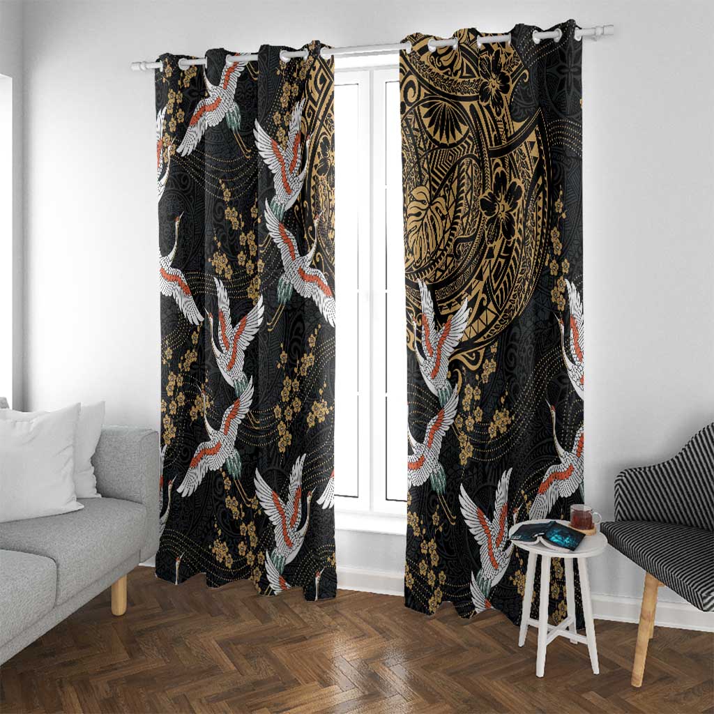 Hawaii and Japanese Together Window Curtain Cranes Birds with Kakau Pattern LT03 With Grommets Black - Polynesian Pride
