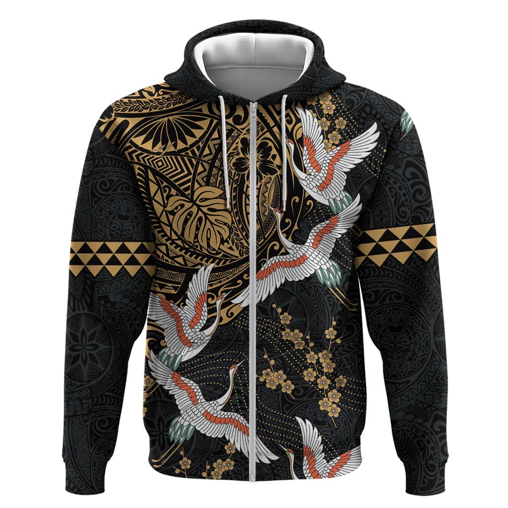 Hawaii and Japanese Together Zip Hoodie Cranes Birds with Kakau Pattern