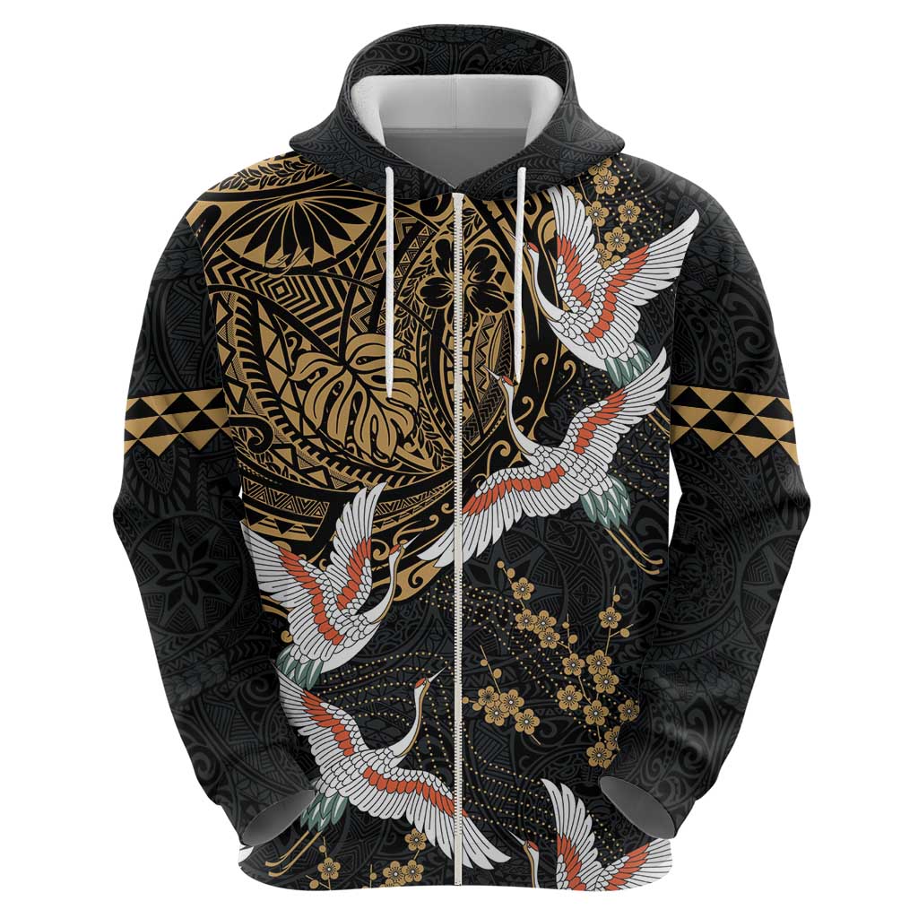 Hawaii and Japanese Together Zip Hoodie Cranes Birds with Kakau Pattern LT03 - Polynesian Pride