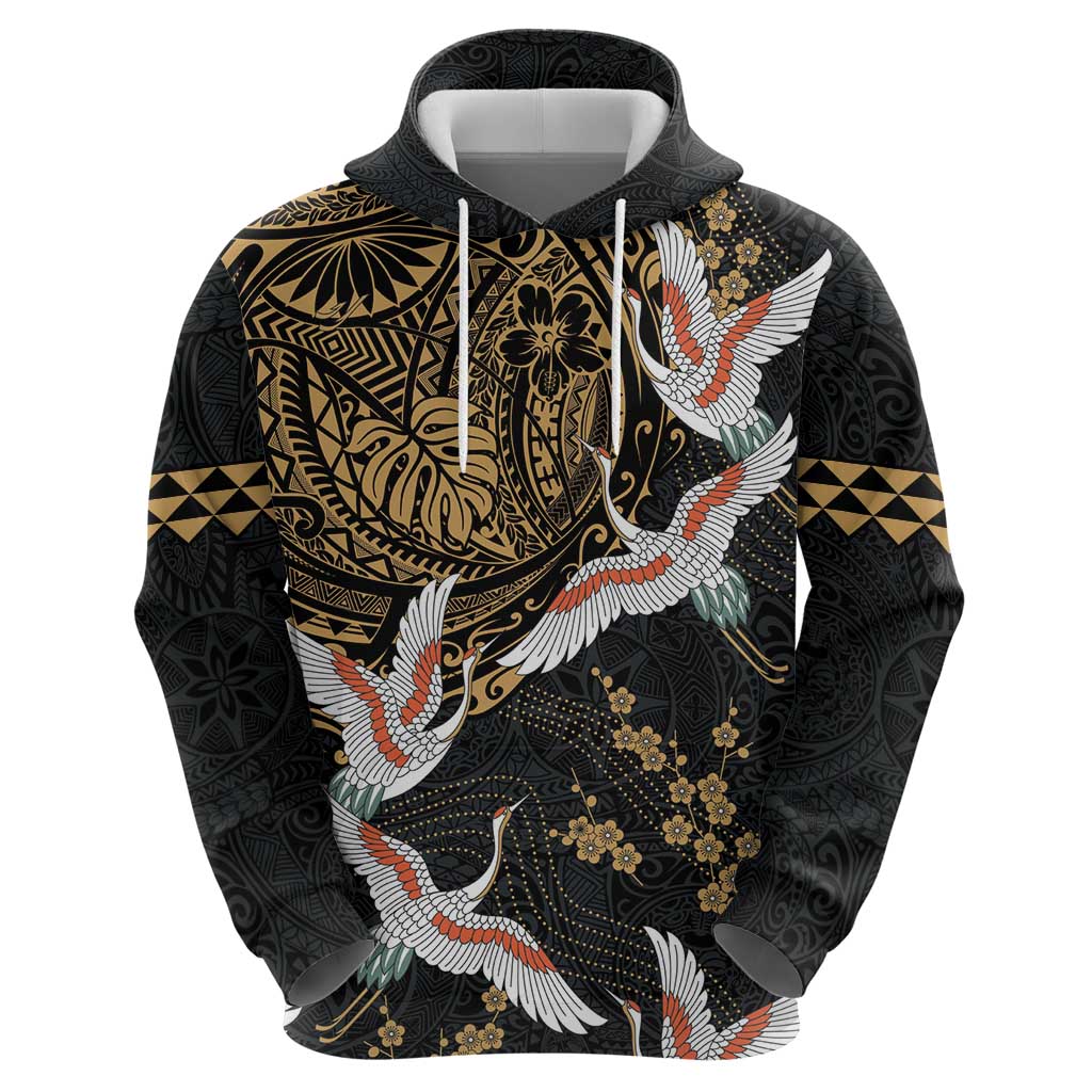 Hawaii and Japanese Together Zip Hoodie Cranes Birds with Kakau Pattern LT03 - Polynesian Pride