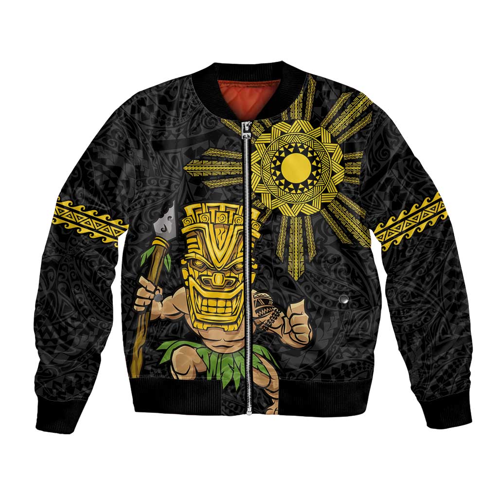Hawaii and Philippines Together Bomber Jacket Warrior Tiki Mask and Filipino Sun Polynesian Style LT03 Unisex Black - Polynesian Pride