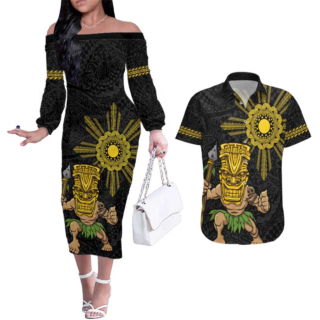 Hawaii and Philippines Together Couples Matching Off The Shoulder Long Sleeve Dress and Hawaiian Shirt Warrior Tiki Mask and Filipino Sun Polynesian Style