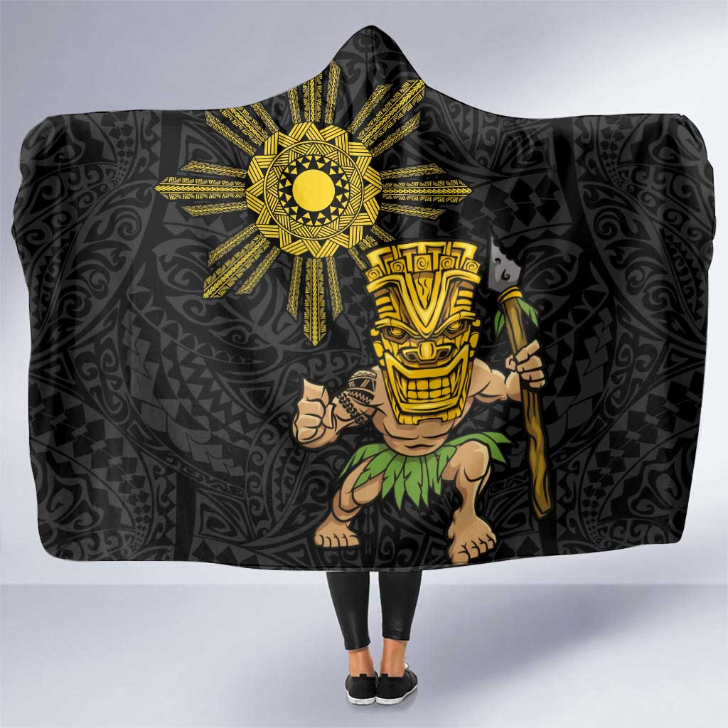 Hawaii and Philippines Together Hooded Blanket Warrior Tiki Mask and Filipino Sun Polynesian Style