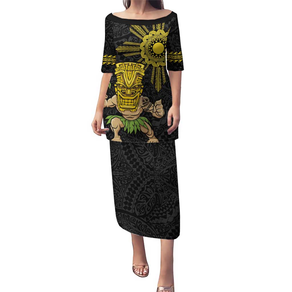 Hawaii and Philippines Together Puletasi Warrior Tiki Mask and Filipino Sun Polynesian Style LT03 Long Dress Black - Polynesian Pride