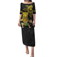 Hawaii and Philippines Together Puletasi Warrior Tiki Mask and Filipino Sun Polynesian Style LT03 Long Dress Black - Polynesian Pride