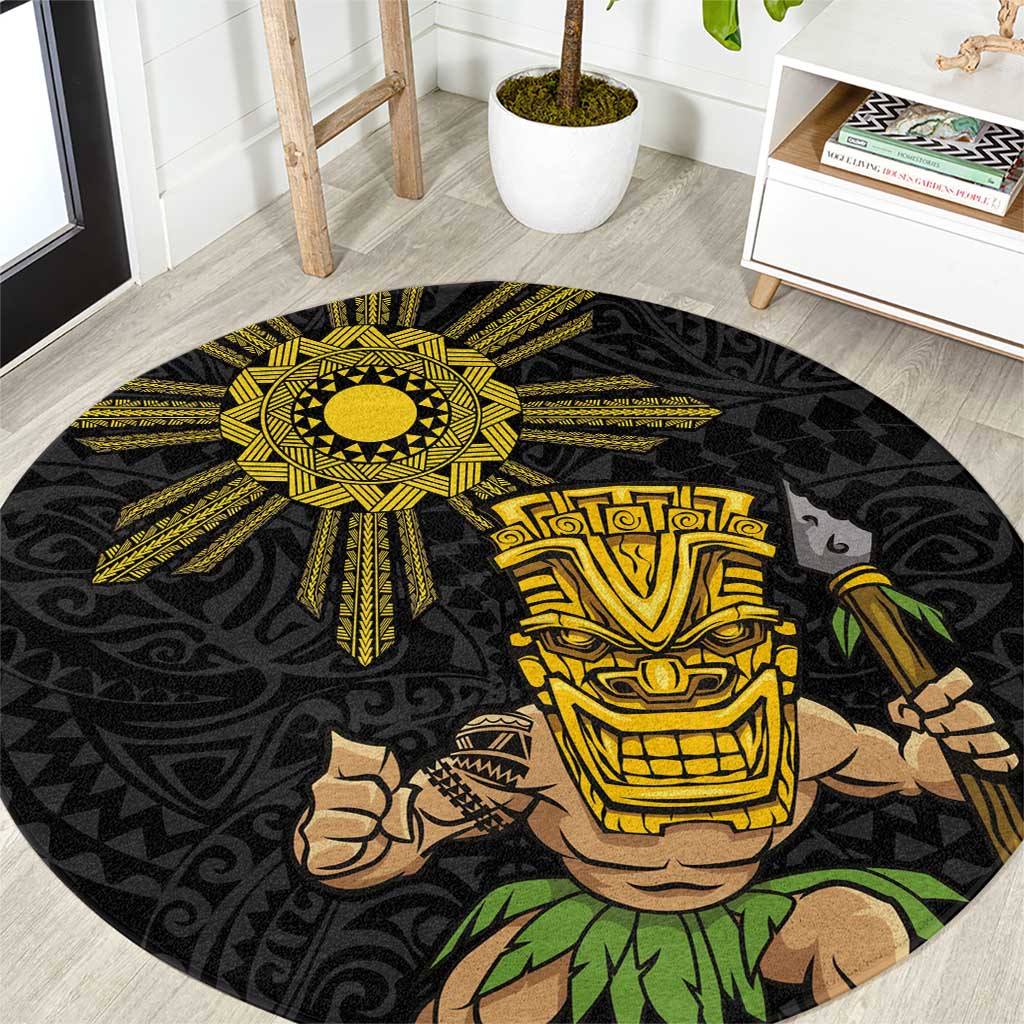 Hawaii and Philippines Together Round Carpet Warrior Tiki Mask and Filipino Sun Polynesian Style LT03 Black - Polynesian Pride
