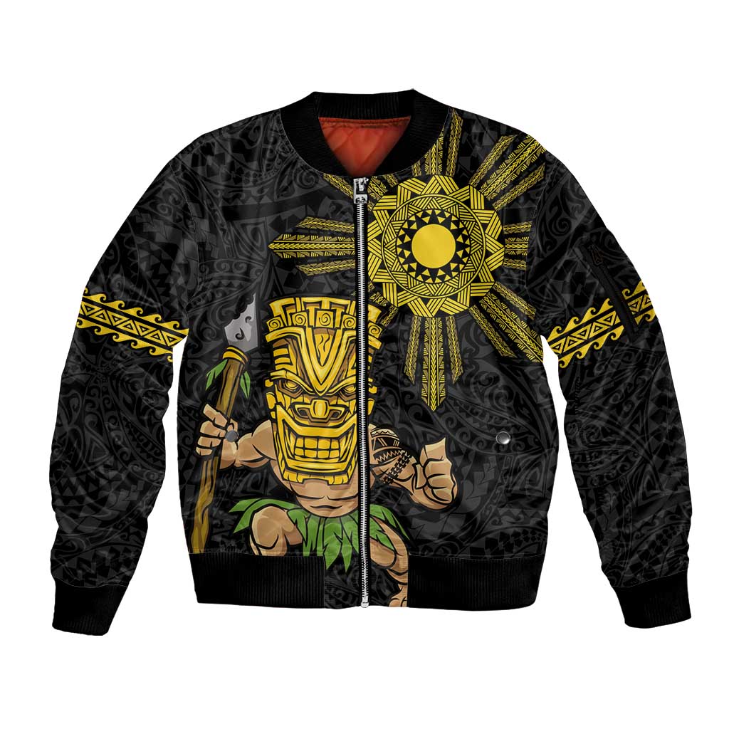 Hawaii and Philippines Together Sleeve Zip Bomber Jacket Warrior Tiki Mask and Filipino Sun Polynesian Style LT03 Unisex Black - Polynesian Pride